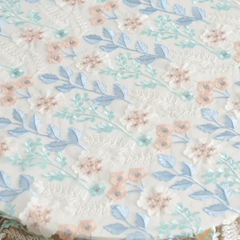 

128cm 1meter/lot Blue Flower Rayon Embroidered Lace Fabric Colored Lace Material Dress Material X667