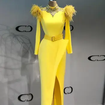 

Chic Yellow Party Dresses Sheath No Belt Formal Gown With Slit Robe De Soiree Feathers Evening Gown Sleeves Robe De Soiree