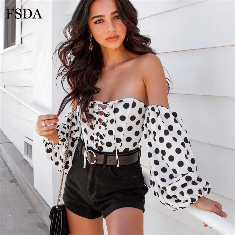 

FSDA Dot Off Shoulder Long Puff Sleeve Bodysuit Women Summer Autumn Backless Sexy Sweet White Strapless Casual Shirt Bodysuits