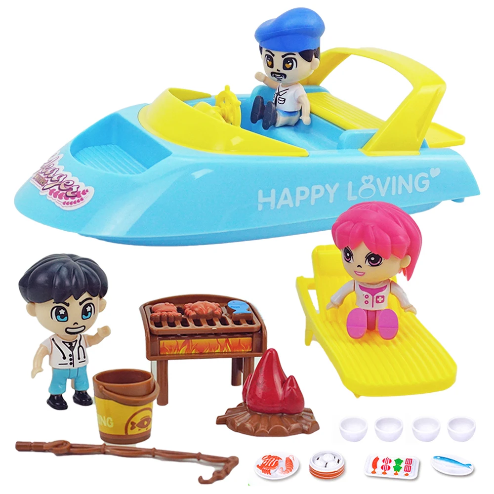 

1：12 Forest Animal Family Beach BBQ Set Speedboat Barbecue Grill Miniature Simulation Food Fish Skewers Action Figure Boy & Girl