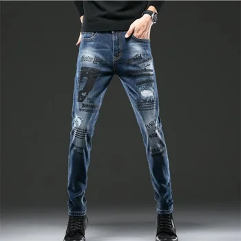 

New Jeans men Letter Printed slim fit Blue 100% Cotton Denim Men Jeans High Quality Fashion Classic Denim Pants #9121
