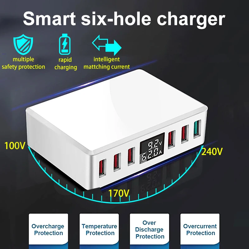 Зарядное устройство QC 3 0 с 6 USB портами и ЖК дисплеем|Зарядные устройства| |