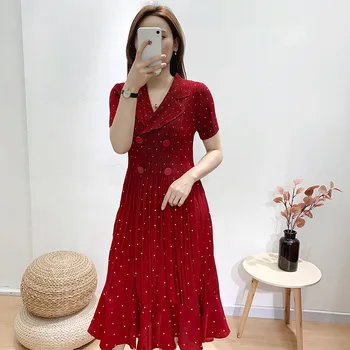 

SuperAen 2020 Summer New Loose slimming Pleated Polka Dot Dress plus size Pleated v neck mid calf dress women