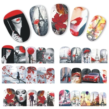 

1Sheet Black Red Chram Woman Nail Sticker Water Decal Transfer Tips Slider Wrap Nail Art Sticker Manicure Decoration JIBN373-384