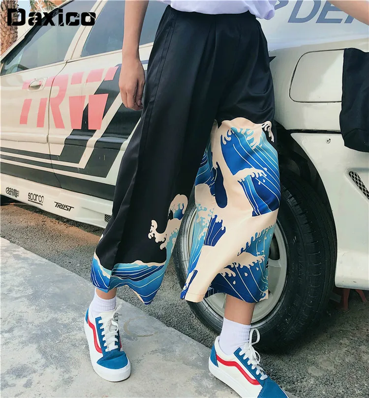 

Woman Japanese Harajuku Kimono Pants Wide Leg Trousers Japanese Crane Wave Print Casual Elastic Leisure Loose Harem Trousers