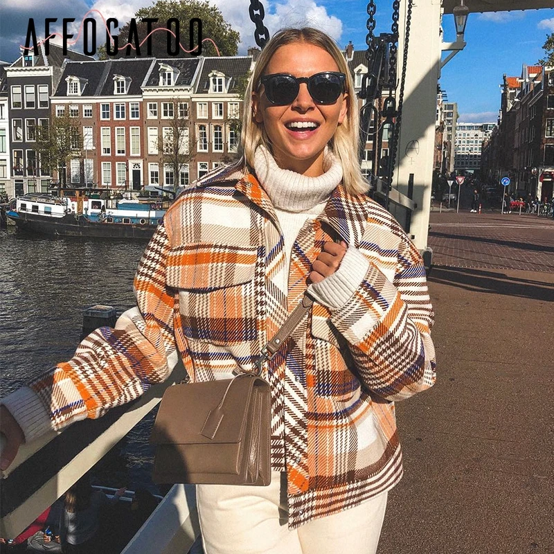 price reduction Affogatoo Vintage casual plaid autumn winter jackets coat women Long sleeve outwear female coat Str