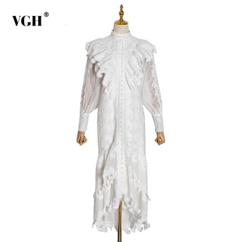 

VGH Patchwork Ruffle Dress For Women Stand Collar Perspective Lantern Long Sleeve High Waist Dresses Female 2020 Clothing Tide
