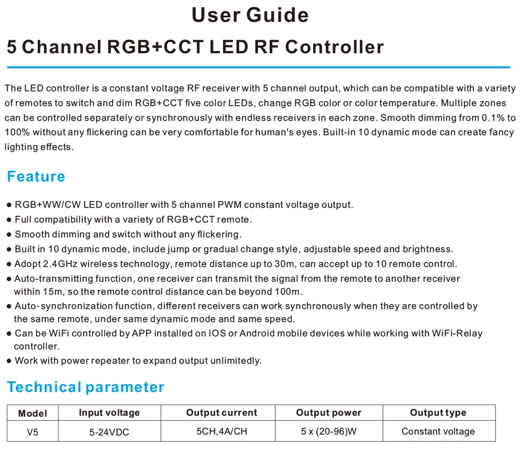 Макс 480W 2,4 GHz RF светодиодный беспроводной приемник RGB CCT контроллер лампы Поддержка RGB+ CCT светодиодный осветительные полосы 5CH 4A/CH, постоянный ток, 5 В, 12 В, 24 В постоянного тока