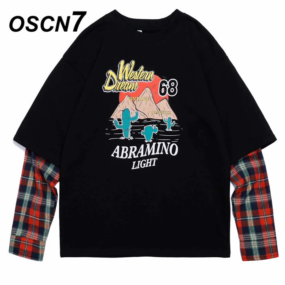 

OSCN7 High Street Funny Print Sweatshirt Men 2019 Fall False Two Design High Streetwear Harajuku Oversize Sweatshirt Mens W242