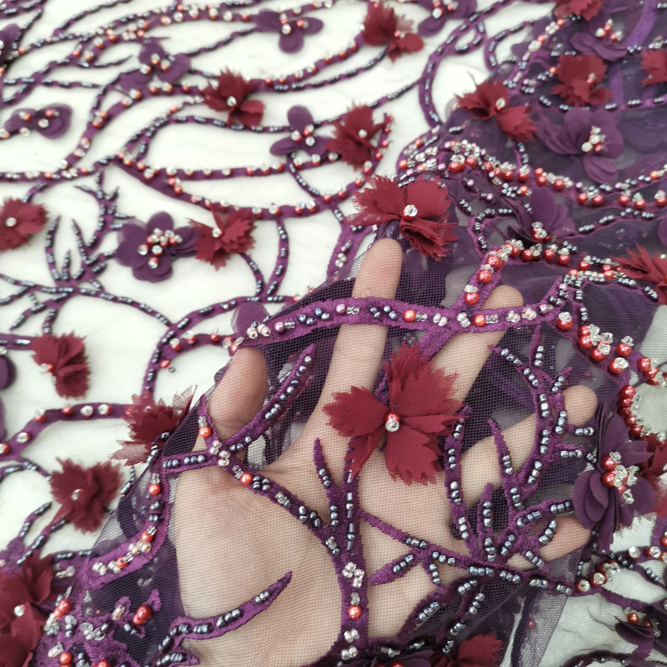 Аметист Фиолетовый ручной работы кружевная ткань Высокое качество африканская сетка кружева свадебные ткани нигерийский французский гипюр материал
