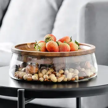 

Creative Glass Nuts Dry Plate Fruits Storage Box Container Double Layer Candy Storage Box With Wooden Lid Kitchen Supply