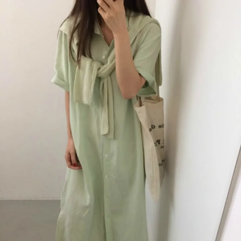 Summer Long Women Shirt Dress Straight Single Breasted Vestidos with Belt Green Casual Loose Plus Size Robe Femme Sukienki | Женская