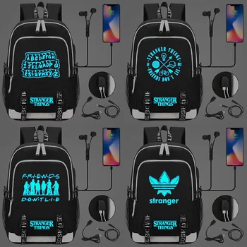 

Luminous Blue Stranger Things USB Headphone Jack Boy Girl Kids School bag Women Bagpack Canvas Men Backpack Packsack Bookbag