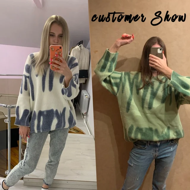 Aproms Elegant Green Striped Print Oversized Pullovers Women Winter O-Neck Loose Long Sweaters Streetwear Warm Outerwear 2021 5