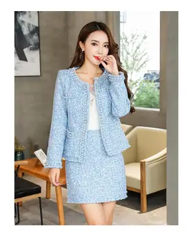

Winter Women Wool Tweed Thick Two Piece Set Ladies Pearl Cardigan Fringed Trim Pocket Jacket Coat+ Mini Skirt Tracksuit Women