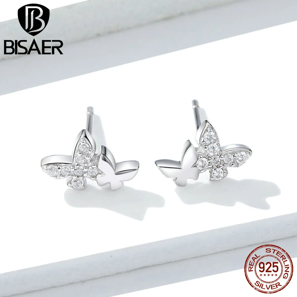 Серьги-бабочки BISAER, 925 пробы, серебряные, светящиеся, циркон, Бабочка, изысканные серьги-гвоздики для женщин, модное ювелирное изделие EFE236