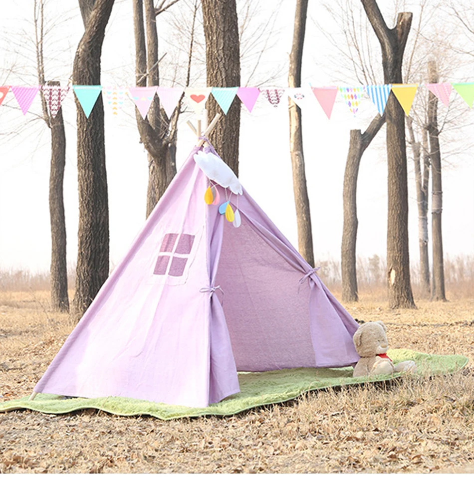 Kids Tents Canvas Triangle Tipi Cartoon Cute Outgoing Toys Children's Tent Indoor Kids Play House Portable Foldable Game Teepee