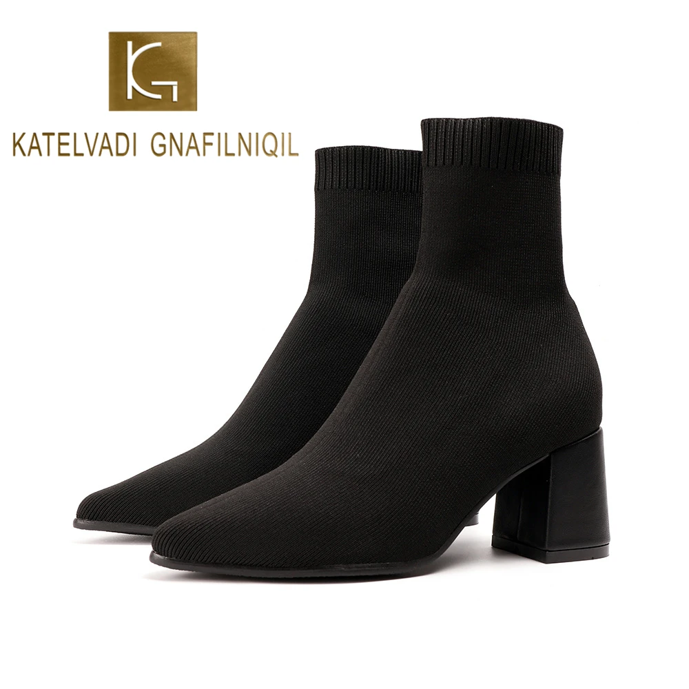 KATELVADI/женские ботинки г. Зимние Модные Ботинки женские черные вязаные носки обувь без шнуровки на толстом каблуке 7 см 35-39 YLT-002