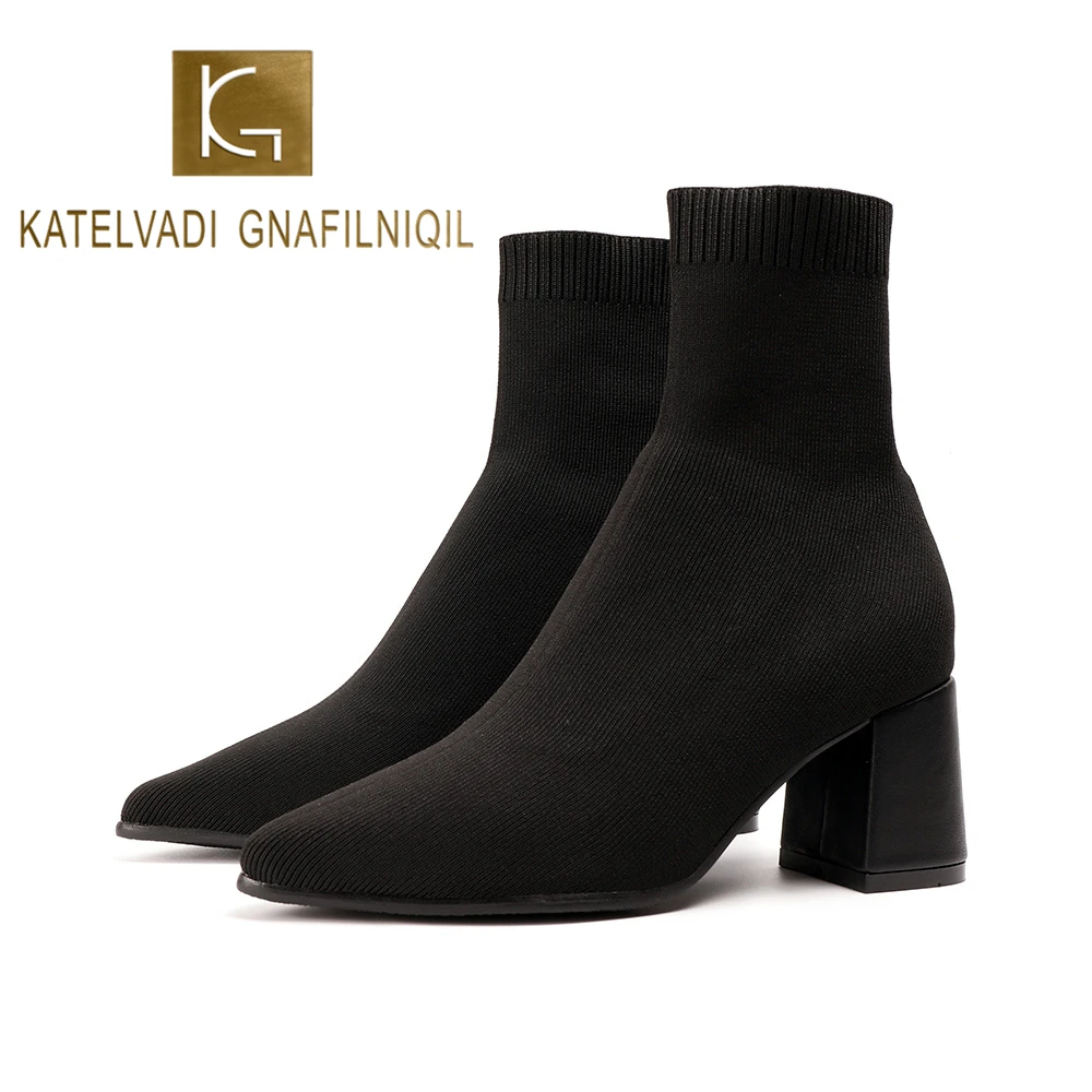 

KATELVADI Women Boots 2020 Winter Fashion Boots Female Black Knitting Sock Slip On Thick Heels 7CM Shoes 35-39 YLT-002