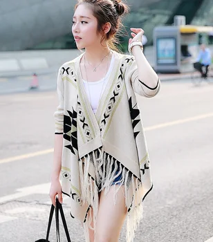 

Hot 2020 Spring/Winter Fashion Women's Casual Aztec Oversized Cool Apricot Long Sleeve Geometric Pattern Tassel Cardigan Sweater