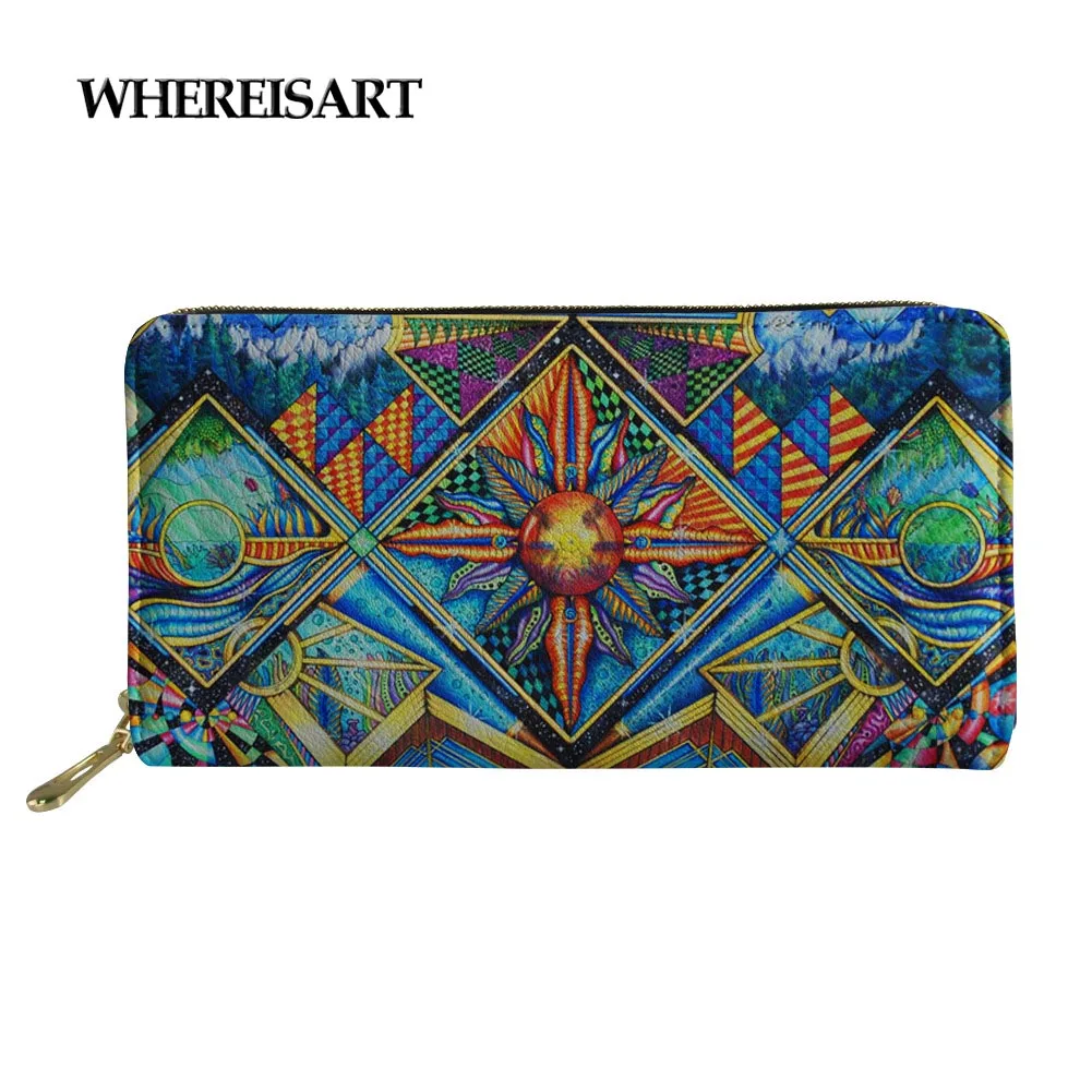 

WHEREISART Women Wallets Long With Geometric Irregular Hippie Mandala Pattern Leather Coin Purse Phone Bag Card Holders Female
