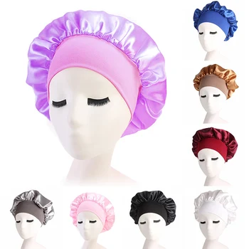 

8 Color Sleeping Caps Women's Satin Solid Wide-brimmed High-elastic Sleeping Hat Night Sleep Cap Hair Care Bonnet Nightcap TSLM2