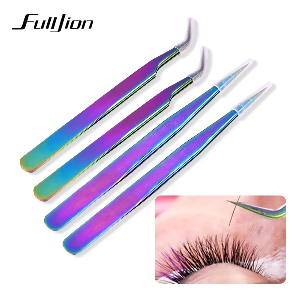 

Fulljion Curved Straight Tweezers For Eyebrows Rainbow Stainless Steel Industrial Precision Rhinestone Eyelash Extension Tools