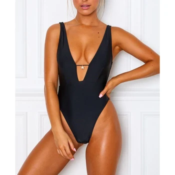 

Sexy Deep V Solid Black Swimwear Women One Piece Swimsuit Female Beachwear 2020 Bather Swim Wear for Bathing Suit Women Monokini