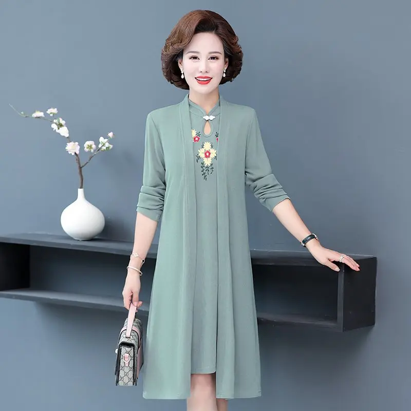 

Cheongsam Dress Two-piece Suit Spring Autumn High-end Elegant Dress Middle-aged Women's Embroidered Dress Set
