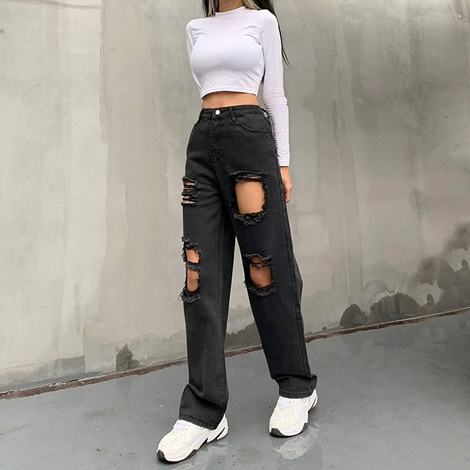 Women Ripped Black Jeans High Waisted 