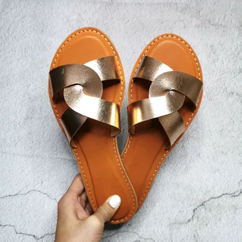 

2020 Women's Fahion sign Summer Beach Shoes Leather Sandals Interlocking Surface Slip on Cool Female Slis Large Size 37-41