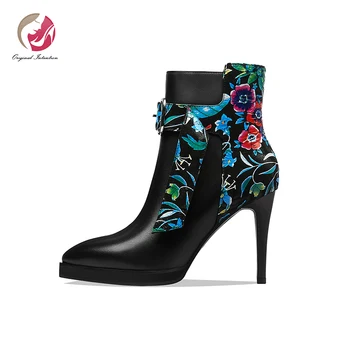 

Original Intention Stylish Flowers Printing Ankle Boots Woman Pointed Toe Boots Thin High Heels Black Boots Real Leather Shoes Woman High Quality Shoes Commuting Shoes Lady