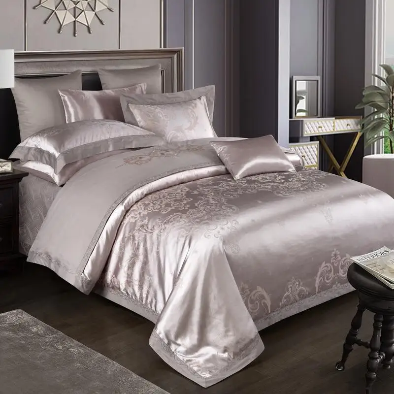 44 Sliver Luxury Silky Satin Jacquard cotton duvet cover 4pcs bedding