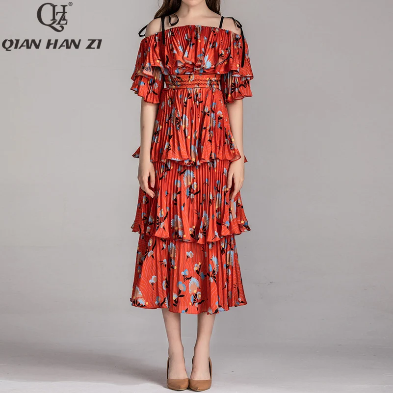 

Qian Han Zi summer designer fashion Maxi Gown Women's Spaghetti Strap Floral Print Sexy Cascading Ruffle Beach Long Party Dress