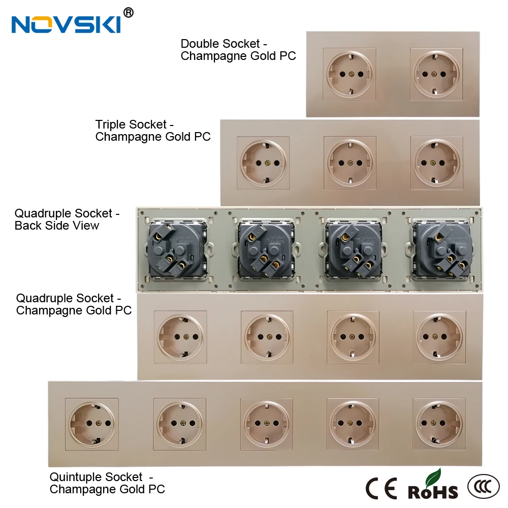 EU Multi Outlet Wall Socket Quintuple Frame German Plug Grounded, 16A Electrical Socket Champagne Gold, 15 Years Warranty