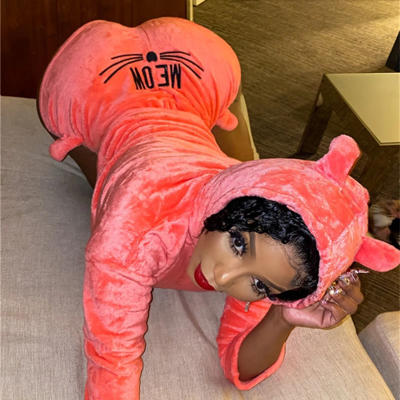 

Women Flannel 2 Pcs Cute Plush Outfits Sets Winter Warm Meow Letter Print Long Sleeve Hooded Pullover Shorts Set Sleepwear