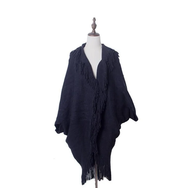 Новая накидка с кисточками Женский Зимний вязаный Свободный плащ черный Boho Пончо Накидки шаль счвитер пальто накидка пончо