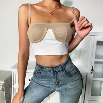 

Women Basic Top Camisole Sexy Color Contrast Off-shoulder Suspender Top Female Backless Short Cropped Tops /2