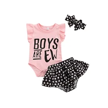

Infant Kids Cute Baby Girls 3PCS Summer Cotton Suit Letters Fly Sleeve Snap Round Neck Bodysuit Heart Short Skirt Bow Headband