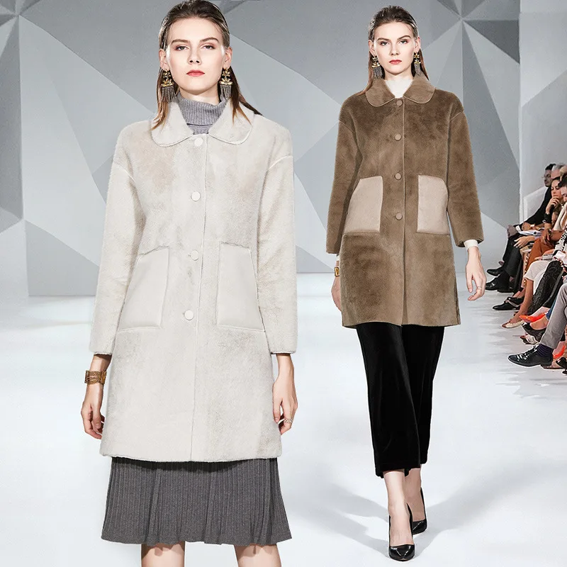 

2019 Autumn And Winter New Style Slim Fit Mid-length Peter Pan Collar Pocket Contrast Color Versatile Plush Coat
