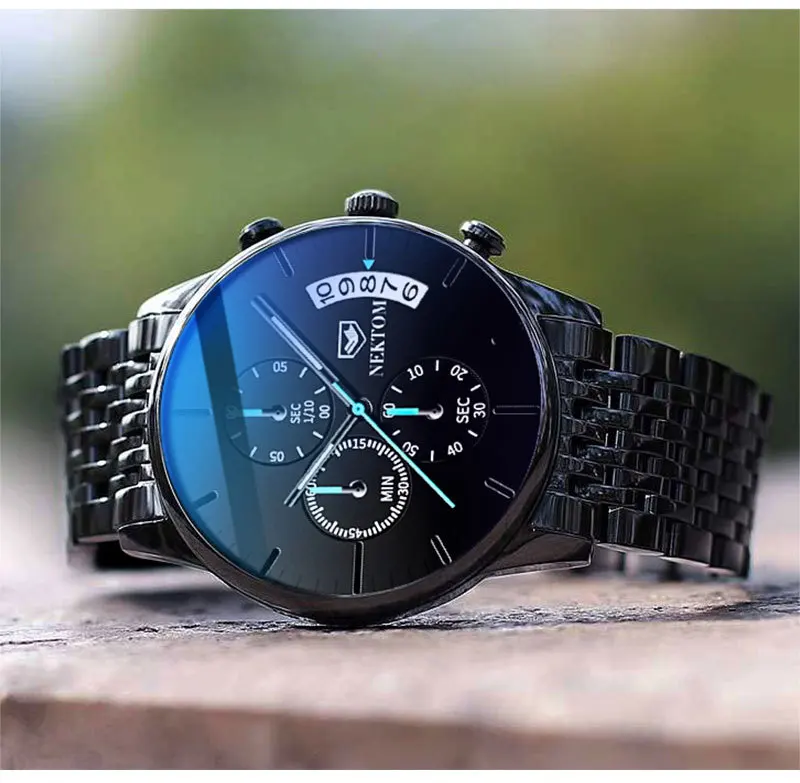 

Nektom Butterfly Button Solid Steel Band Men's Watch Waterproof Coated Glass Luminous Three Eyes 6-pin Quartz Watch