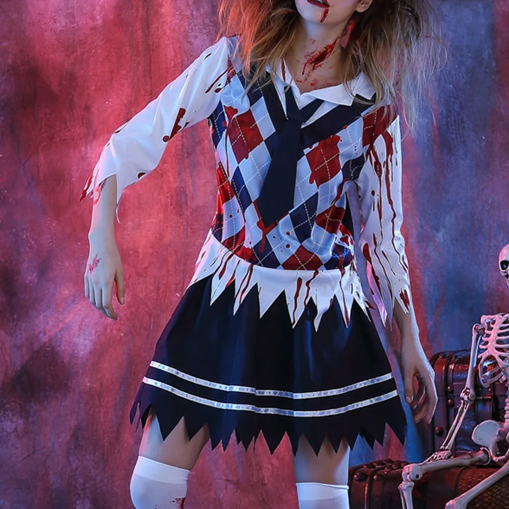 3PC Halloween Cosplay Costumes Women Zombie Bloodstain School Uniform Costume Suit хеллоуин костюм Vestido de dia das bruxas#D