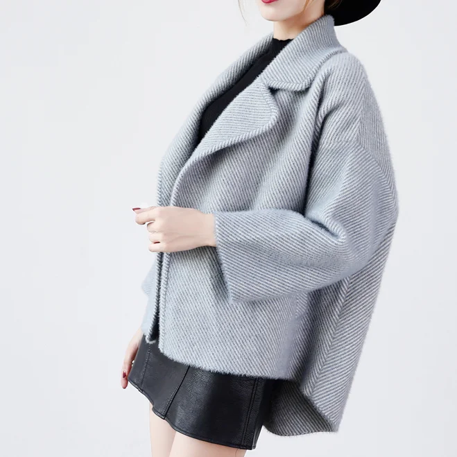 Women New Spring Autumn Faux Mink Cashmere Knitted Sweater Coat Female Striped Warm Coat Ladies Elegant Cardigans AQ623