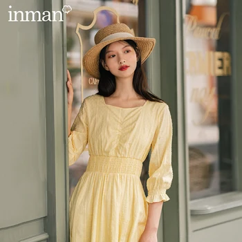 

INMAN 2020 Autumn New Arrival French Style Vintage Cotton Square Neck Pleated Chest Ruffled Lace Sleeves Dress