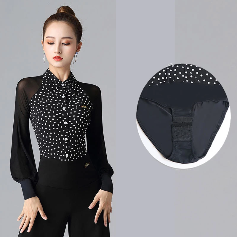 

Shirt Collar Long-sleeved Waltz Blouse Women Modern Dance Clothes Ballroom Latin Dance Leotard Tops