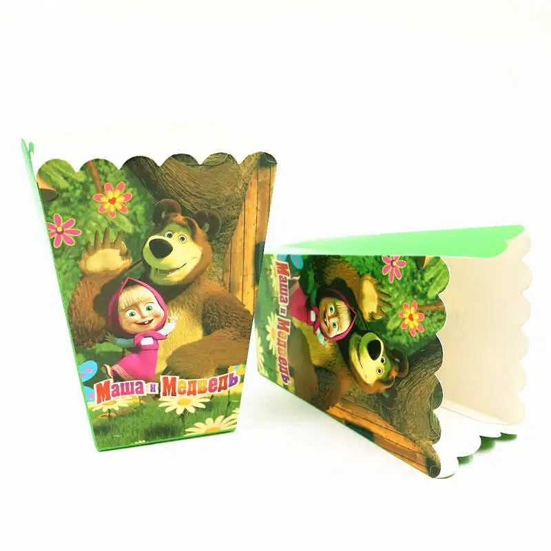popcorn box 6pcs July Fores Маша и Медведь тема посуда День Рождения украшения детская тарелка чашки шапки салфетки скатерть и флаги соломенные Вечерние - Цвет: popcorn box 6pcs