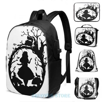 

Funny Graphic print Silhouette - Alice In Wonderland USB Charge Backpack men School bags Women bag Travel laptop bag