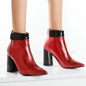 

2020 Fashion Pointed Toe Ankle Boots Autumn Winter Women Boots Patent Leather Square High Heel Booties Ladies Shoes