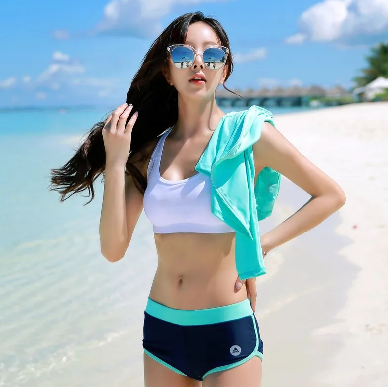 

2018 Korean Style New Style Swimwear Long Sleeve Beach Surfing Sports Split Type Boxer Three-piece Set Swimsuit Women's