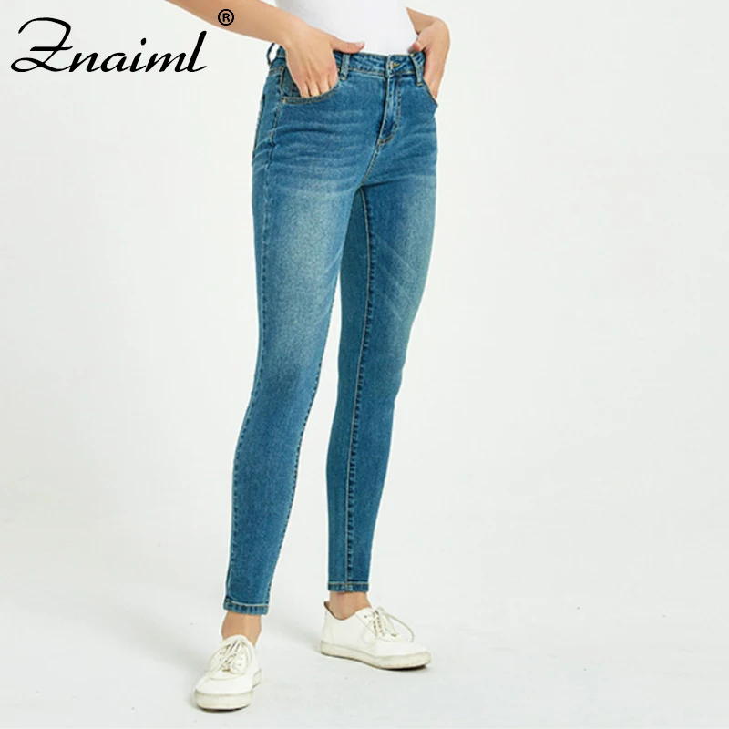 

Fashion Middle Waist Elasticty Skinny Jeans Women Bleached Plus Size Push Up Jean Otton Blue Pencil Deinm Casual Streetwear